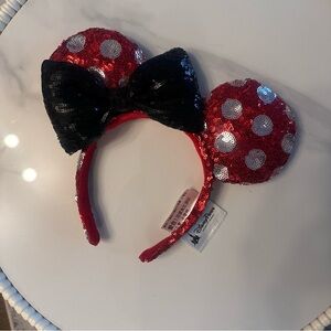 Disney Red Silver Polka Dots with Black Bow Sequin Minnie Mouse Ears Headband